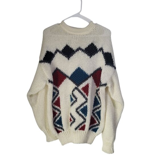 VTG Aztec Triangles Print Chunky Knit Sweater Men's Small Korea Old Money Ugly - Picture 2 of 8